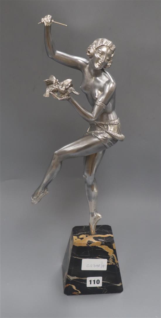 After Molins-Baleste. A silvered metal female dancer with birds, on marble base height 51.5cm